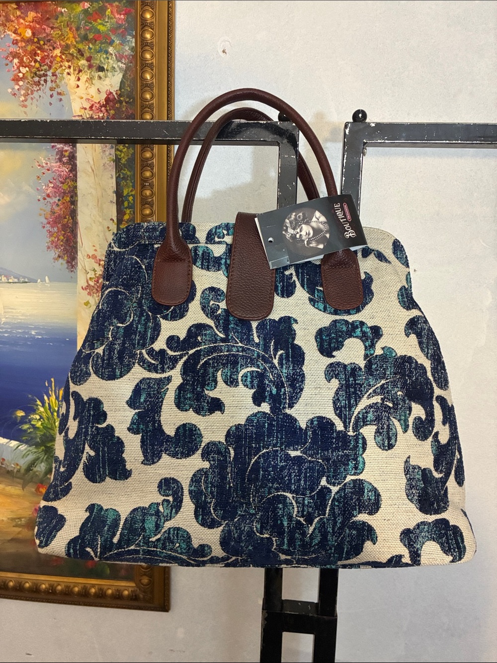 Blue Floral Brocade Purse Vintage Style Luxury - Picture 2 of 4